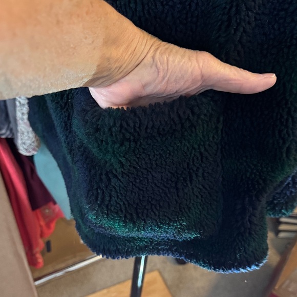 liz & co. Plush Button-Front Teddy Jacket in Black and Dark Green Plaid - Picture 3 of 6